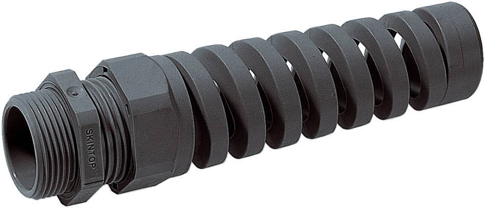 Ein schwarzer Plastikkabeldurchlass mit spiralförmigem Schutz, der Kabel vor Biegungen schützt.