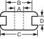 Technische Zeichnung eines Bauteils mit markierten Maßen A, B, C und D. Pfeile zeigen Richtungen und Abstände der Maße an.