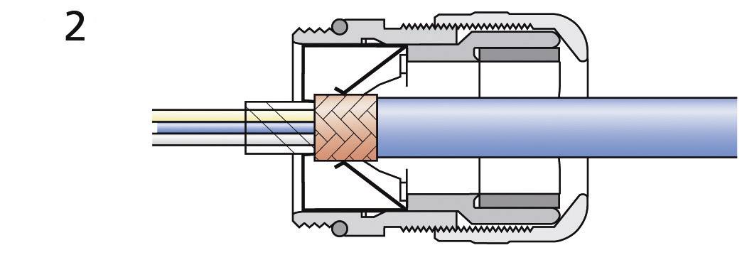 Schematische Darstellung eines Koaxialkabels in einem Steckverbinder. Zeigt den Aufbau und die Platzierung innerhalb des Steckers.