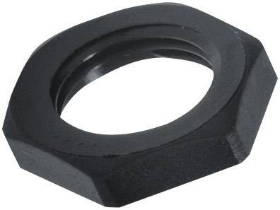 Ein sechseckiger schwarzer Metall-Mutternring, der für Schraubverbindungen verwendet wird.