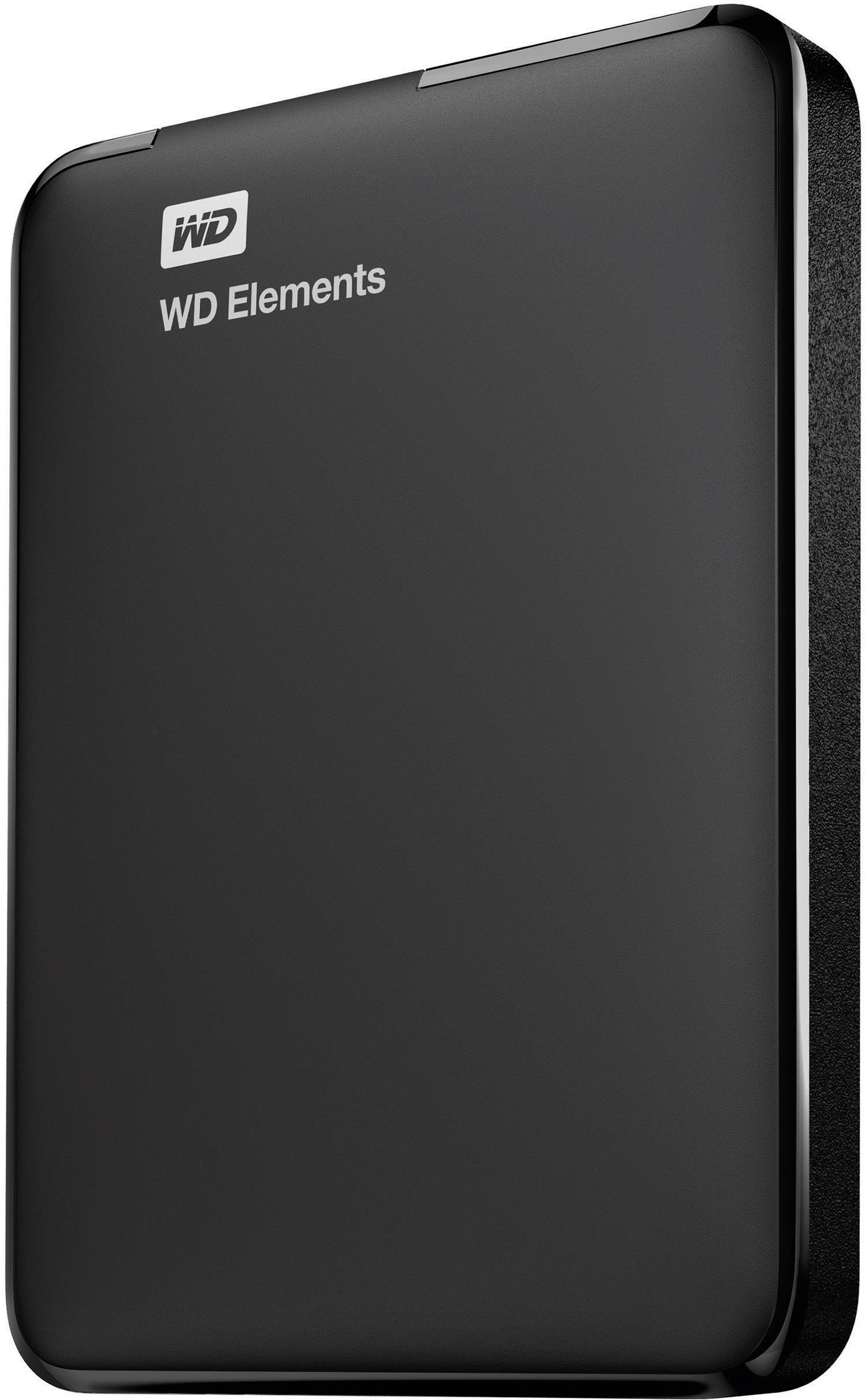 Externe Festplatte mit schwarzem Gehäuse, auf dem 'WD Elements' steht.