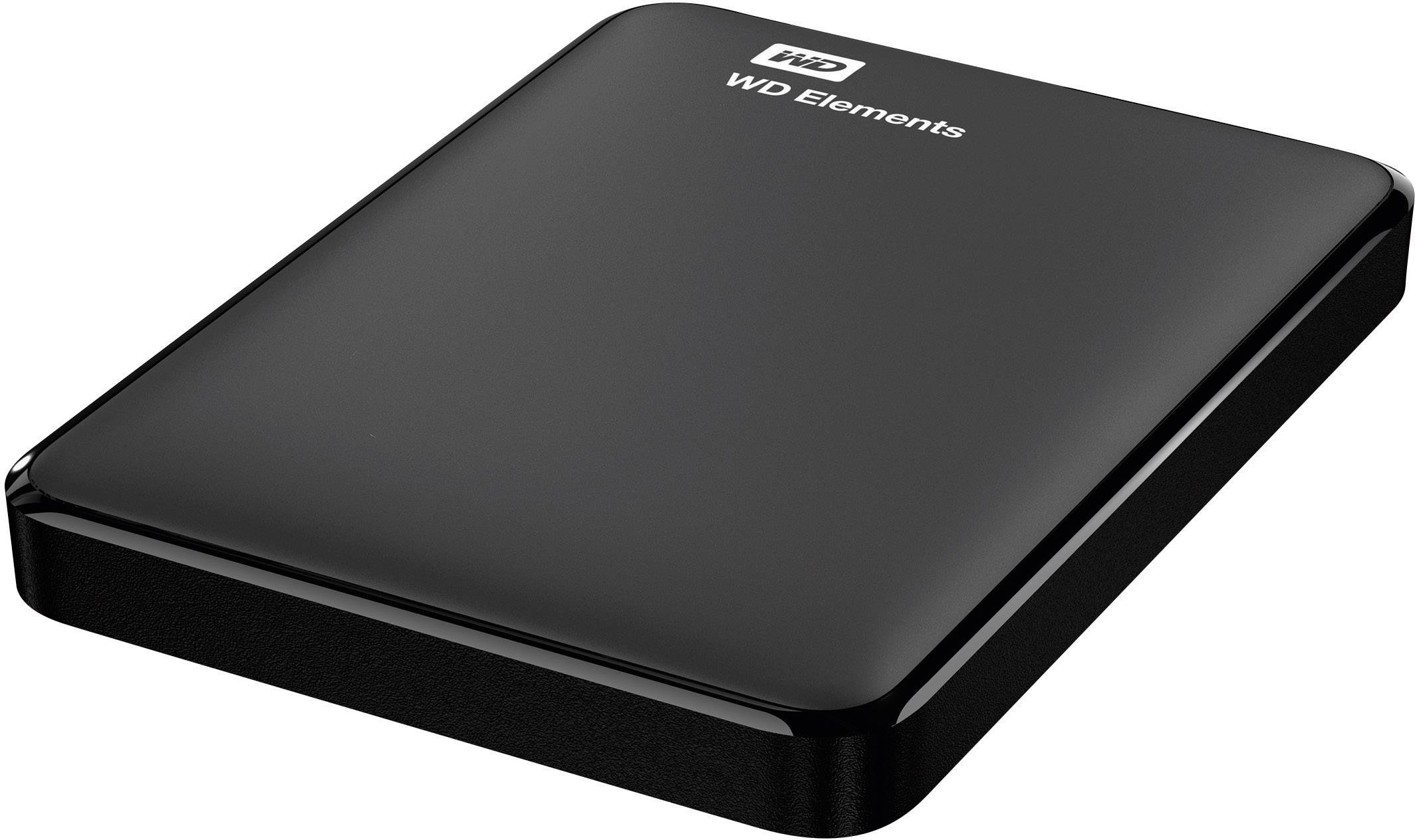 Externe Festplatte von WD, schwarz, im rechteckigen Format.