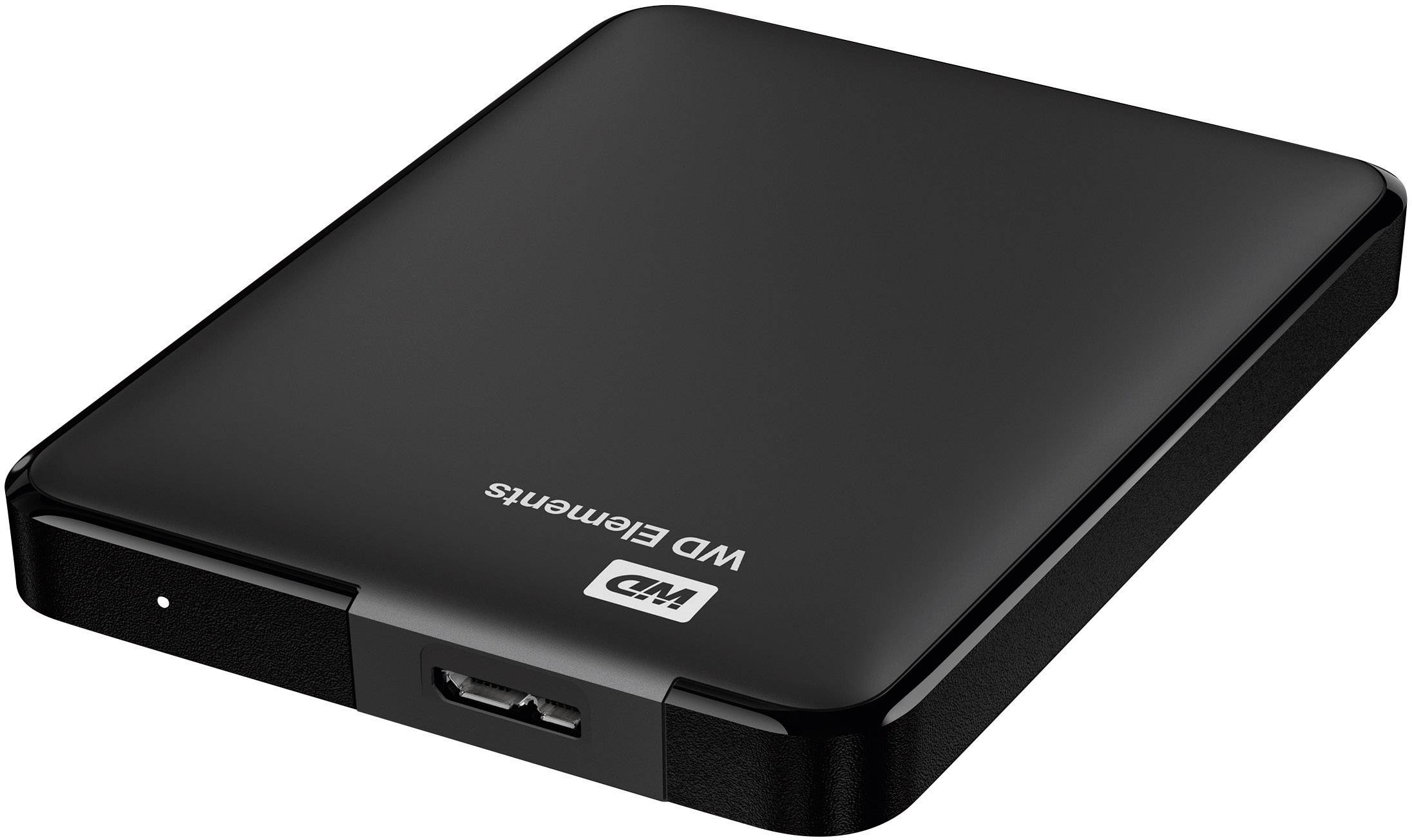 Externe Festplatte von WD Elements in Schwarz. Rechteckiges Design mit USB-Anschluss an der Vorderseite, zur Datenspeicherung.