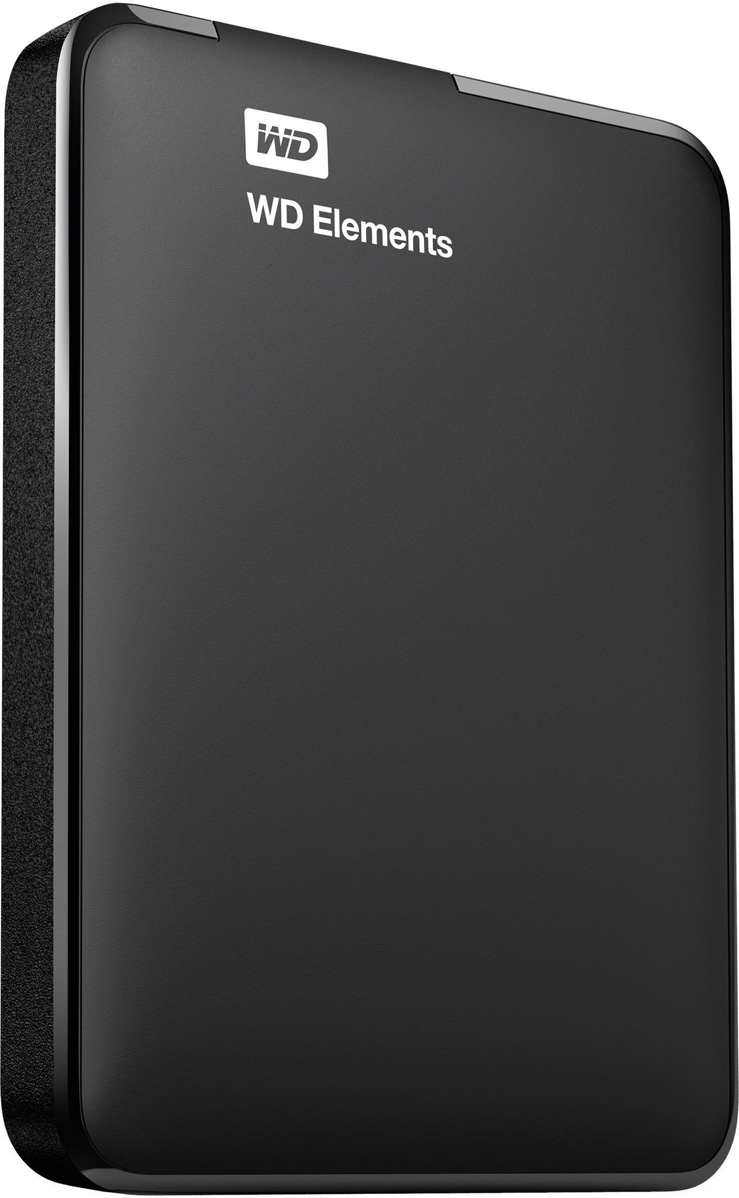 Externe Festplatte von WD Elements in schwarzem Gehäuse, aufrecht stehend.