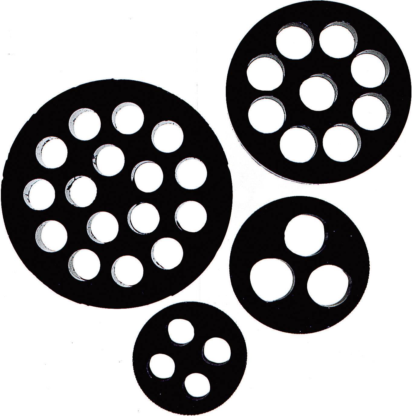 Vier schwarze, kreisförmige Scheiben mit unterschiedlich vielen Löchern, die in einem geometrischen Muster parallel zueinander angeordnet sind.