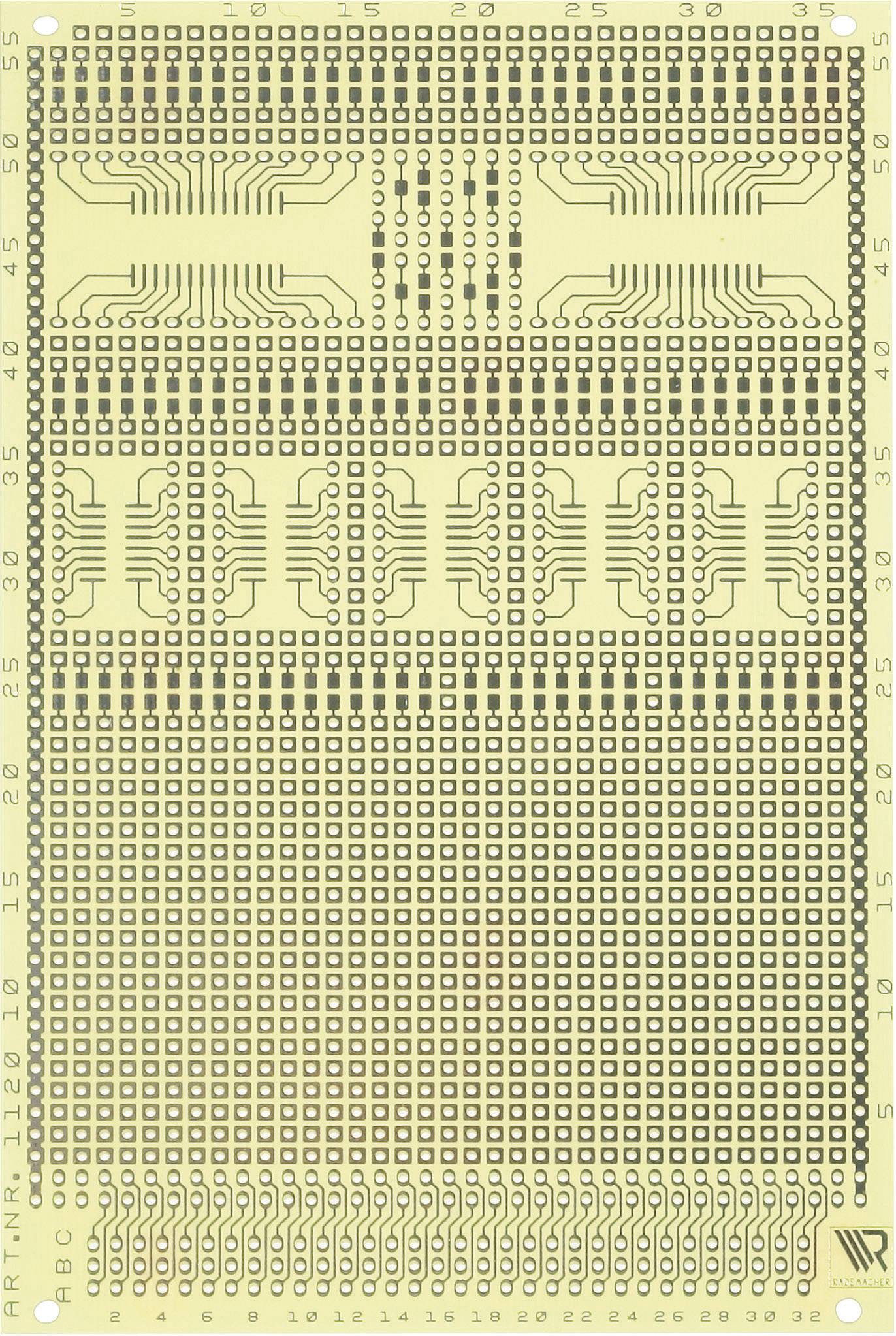 Platine mit mehreren Schaltkreismustern und nummerierten Anschlusspunkten. Enthält rechteckige Bereiche für verschiedene Bauteile.