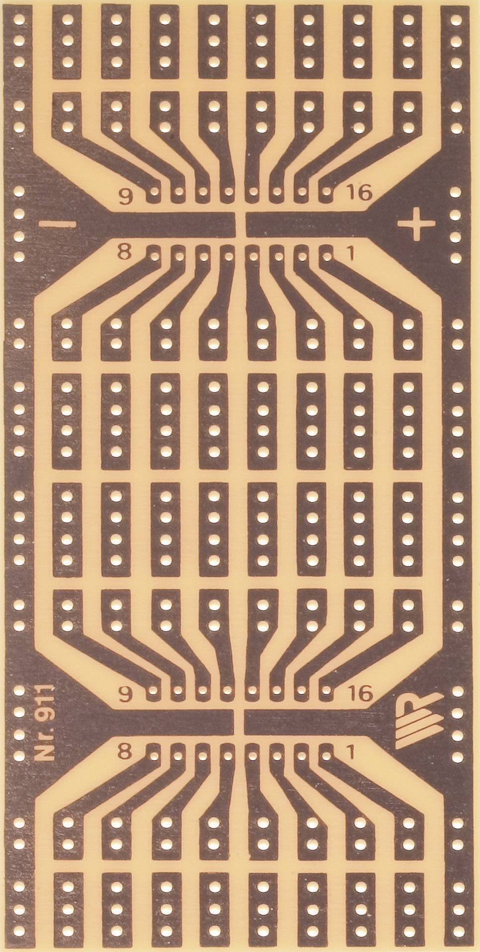 Lochrasterplatine mit Linien und Nummern 1-16. Markierungen für Plus und Minus. Enthält stiftgroße Löcher und Verbindungslinien.