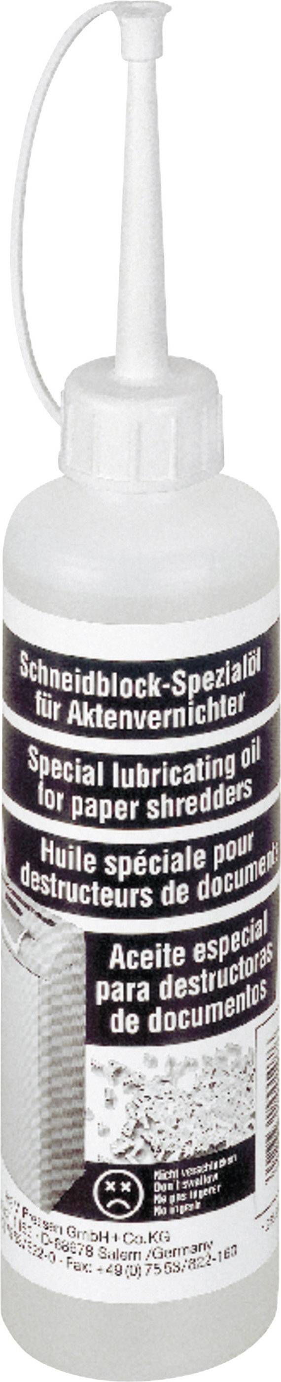 Flasche mit Schmieröl für Aktenvernichter, mehrsprachige Beschriftung, langer Ausgusshals. Markenname oben, Abbildung eines Aktenvernichters unten.
