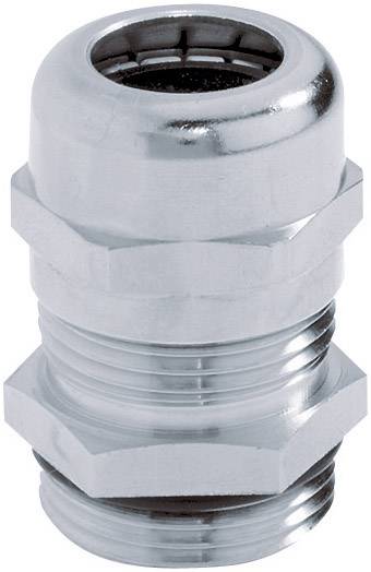 Ein silberfarbener Kabelverschraubung, metallisch glänzend, mit mehreren Sechskantmuttern und einer gerillten Oberfläche.