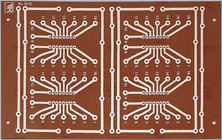 Eine braune Leiterplatte mit weißen Leiterbahnen, nummeriert 1 bis 16, für elektronische Verbindungen.