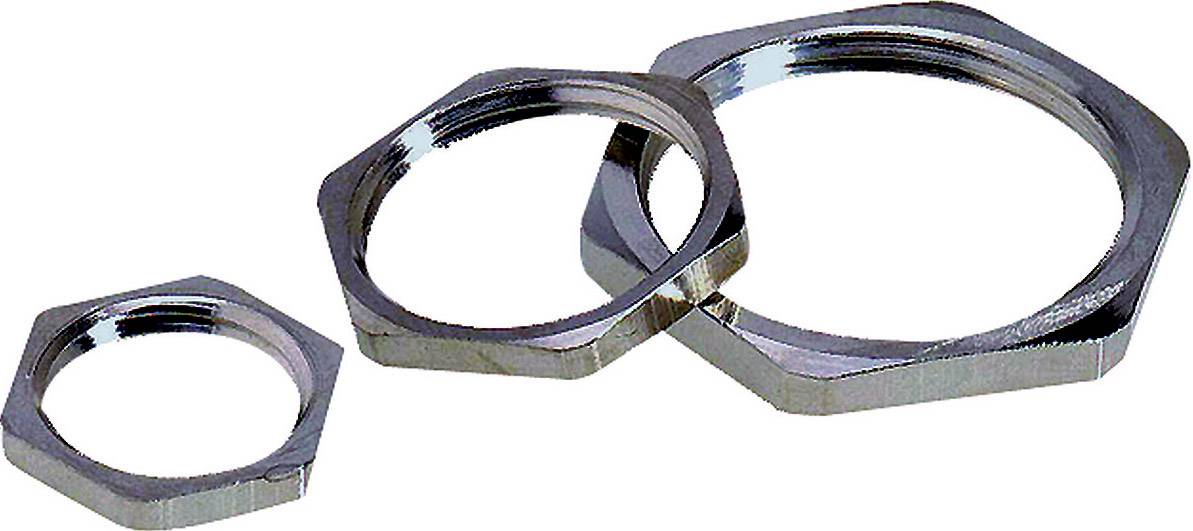Drei unterschiedlich große, sechseckige Metallmuttern liegen nebeneinander auf einer weißen Oberfläche.