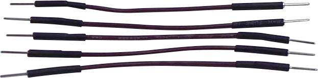 Sechs schwarze und braune Elektronikdrähte mit Metallenden in einer Reihe angeordnet.