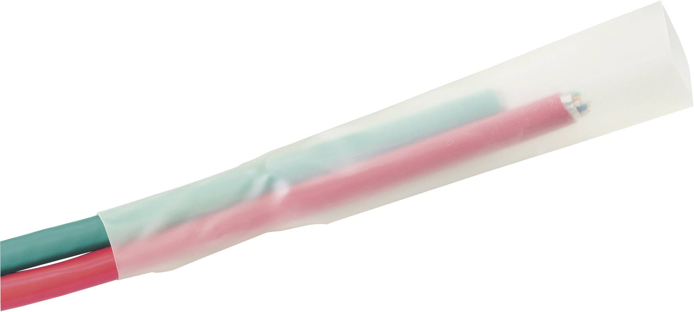 Zwei isolierte Kabel, ein rotes und ein grünes, sind in einem durchsichtigen Schrumpfschlauch umhüllt.