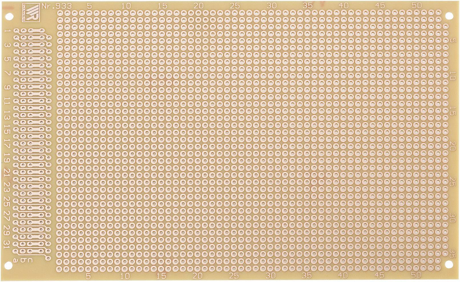 Leiterplatte mit vielen kleinen Kupferkontaktpunkten, erkennbar als Prototyp-Platine zum Löten elektronischer Bauteile.