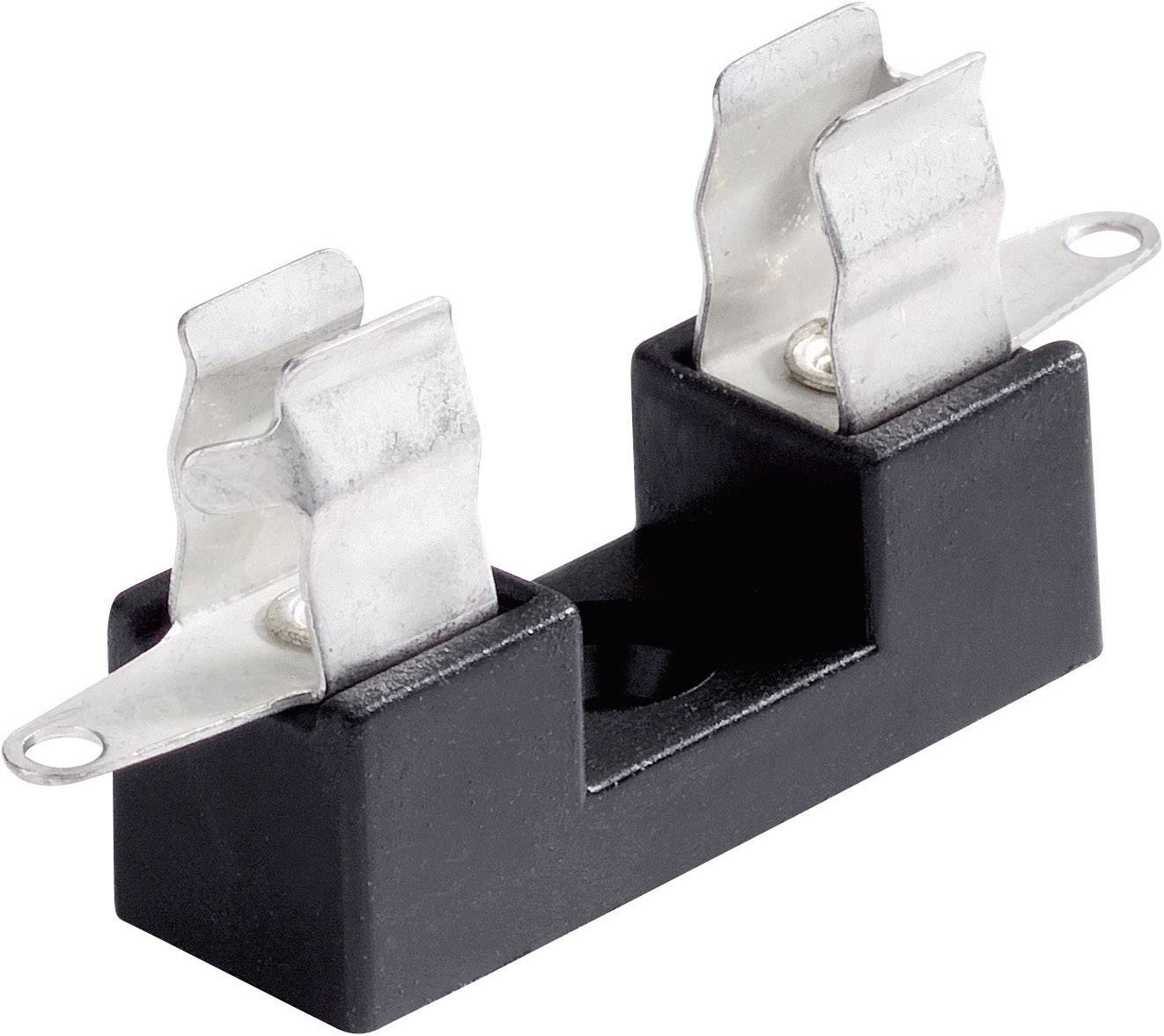 Schwarzer Sicherungshalter mit zwei silbernen Metallkontakten, geeignet zum Einstecken einer elektrischen Flachsicherung, seitliche Befestigungslöcher.