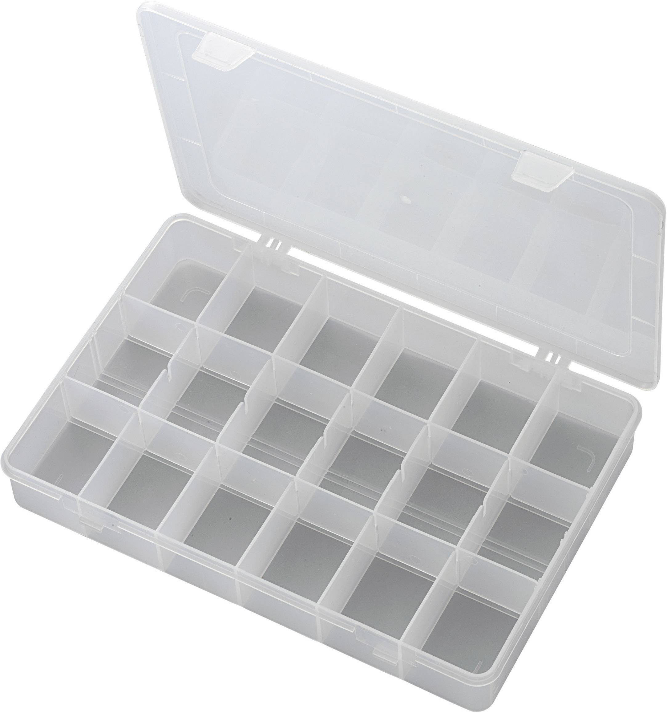 Transparente Plastikbox mit offenem Deckel, unterteilt in 18 gleich große Fächer zur Aufbewahrung von Kleinteilen.