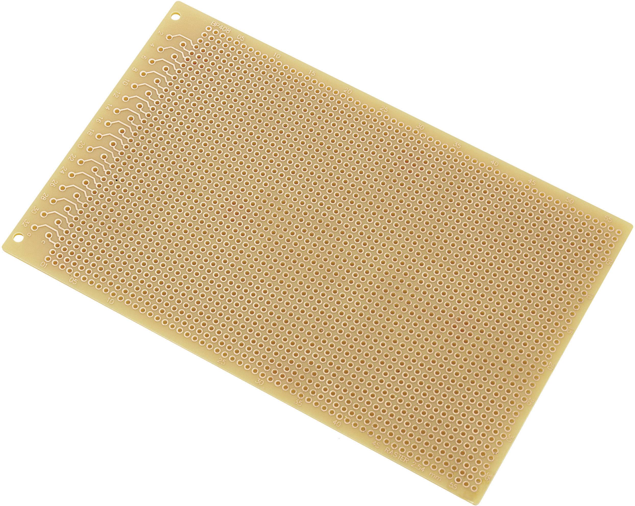 Eine unbestückte Lochrasterplatine mit vielen kleinen Löchern, die zum Erstellen elektronischer Schaltungen verwendet wird.