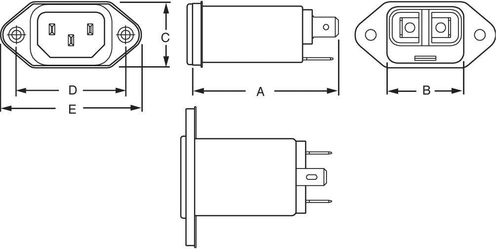 Technische Diagramme eines elektrischen Steckverbinders in drei Ansichten: Frontal-, Seiten- und Oberansicht. Maße A, B, C, D, E angezeigt.