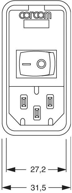 Elektronikschalter mit Maßeinheiten: Breite 27,2 mm, Länge 31,5 mm; Oberseite mit Schalter und drei Anschlussöffnungen darunter.
