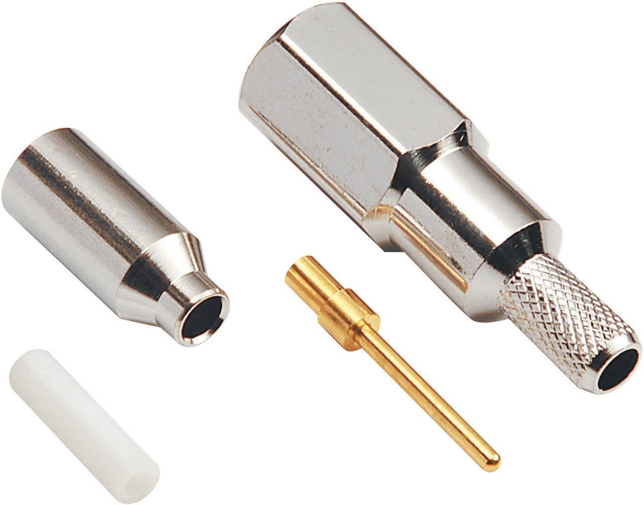 Silberne Metallstecker mit einem goldenen Stift und einem weißen Röhrchen. Teile eines elektrischen Steckverbinders.