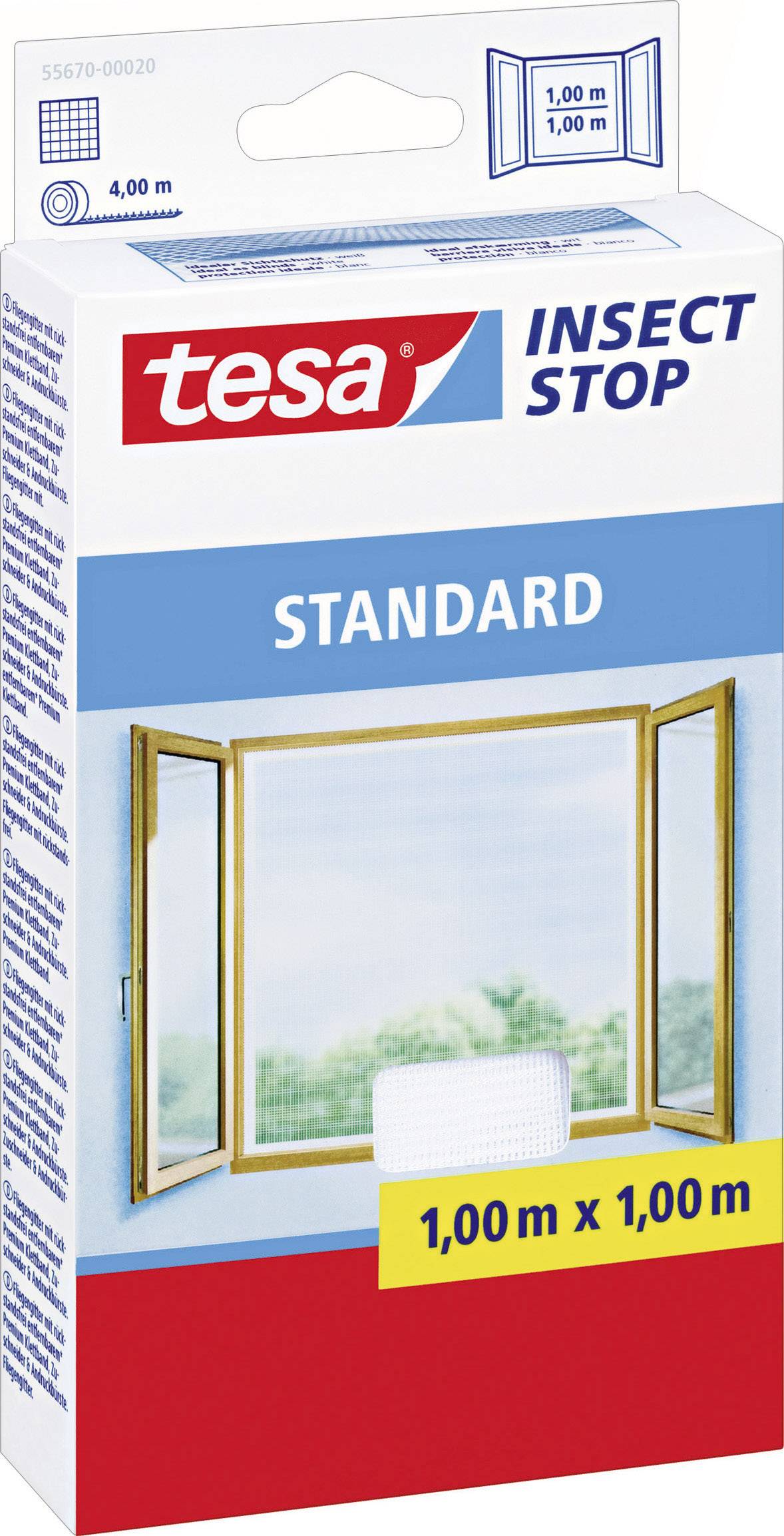 Verpackung eines Insektenschutzgitters von tesa, mit offenem Fenster abgebildet. Produktmaße: 1,00 m x 1,00 m.