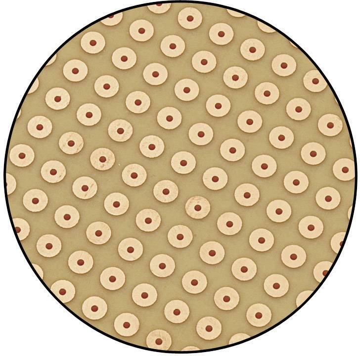 Kreisförmiges Muster aus kleinen, hellbraunen Zylindern mit dunklerem innerem Punkt, gleichmäßig über eine beige Fläche verteilt.