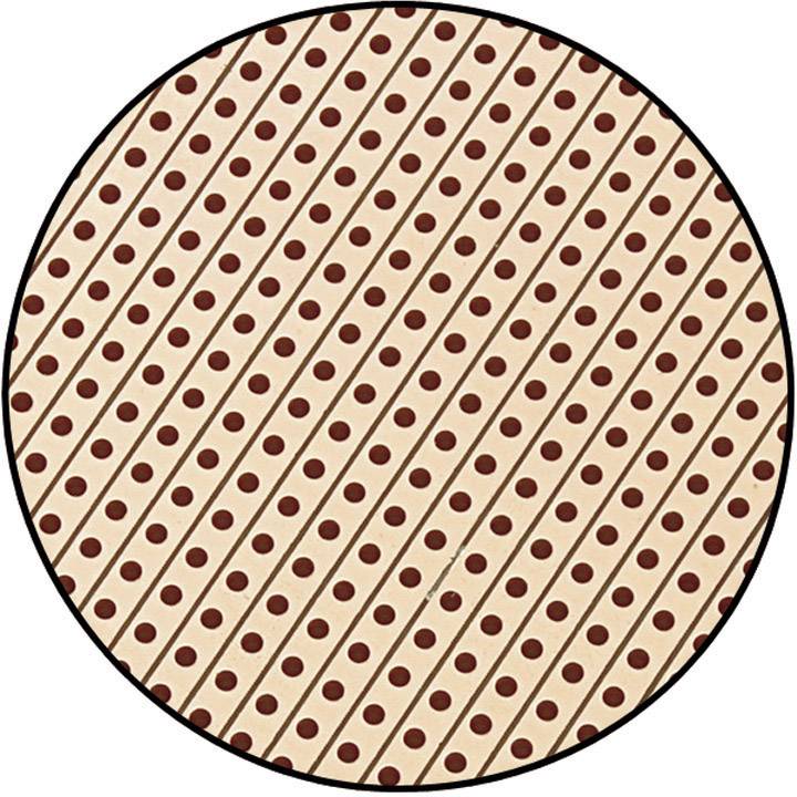 Ein kreisförmiges Design mit diagonalen Streifen und gleichmäßig verteilten Punkten auf einem beigen Hintergrund.