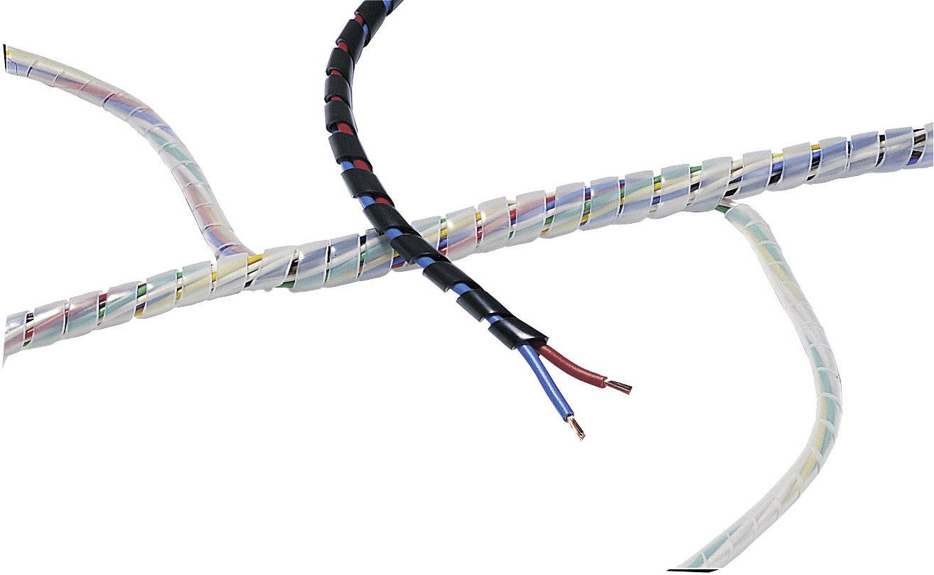 Mehrere Kabel sind mit spiralförmigen Schläuchen umwickelt, wobei ein Kabel an den Enden freiliegende Drähte zeigt.
