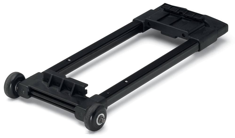 Ein schwarzer, zusammenklappbarer Trolley mit zwei Rädern und einer rechteckigen, erweiterbaren Plattform für den Transport von Lasten.