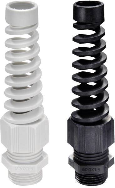 Zwei Spiralschutzschläuche, einer weiß und einer schwarz, aus Kunststoff mit Gewinde M20x1,5 für Kabelschutz und Fixierung.