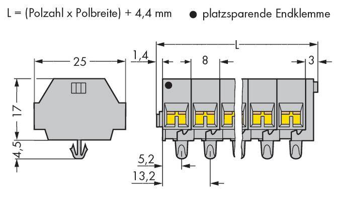 Technische Zeichnung einer Steckverbindung mit fünf Polen, markiert mit Maßen und Text: 'L = (Polzahl x Polbreite) + 4,4 mm'.