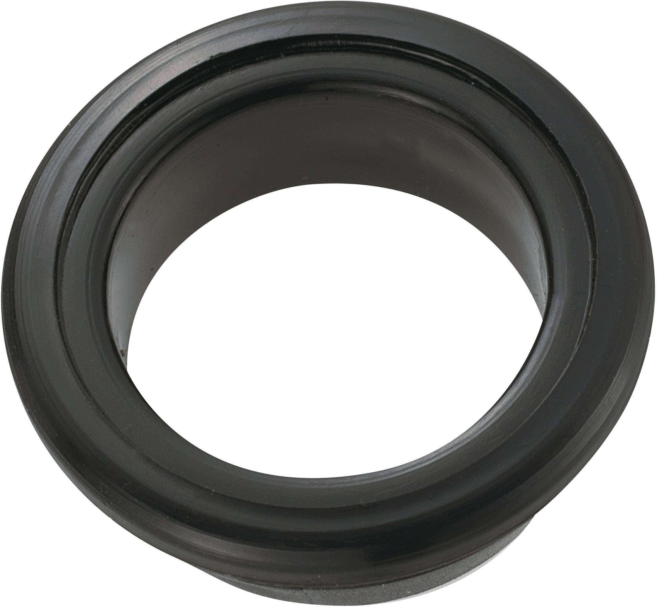 Ein schwarzer Gummiring in zylindrischer Form, ähnlich einer Dichtung oder Unterlegscheibe, vor einem weißen Hintergrund.