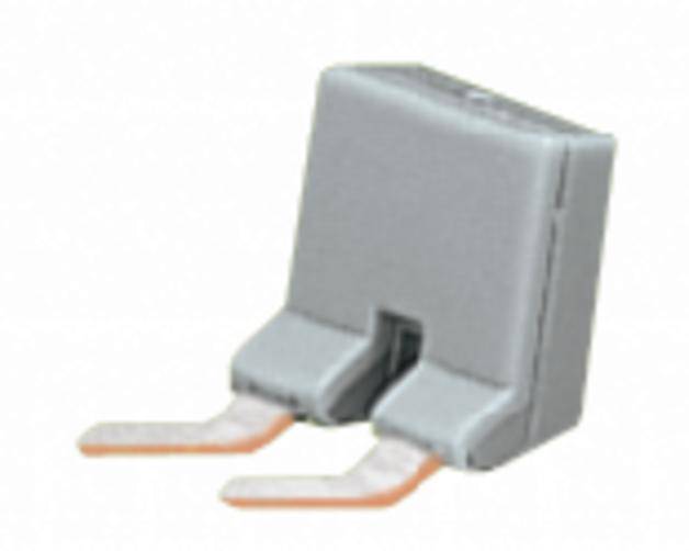 Ein graues elektrisches Bauteil mit zwei metallischen Anschlüssen, vermutlich eine Sicherung oder ein Relais für elektrische Anwendungen.