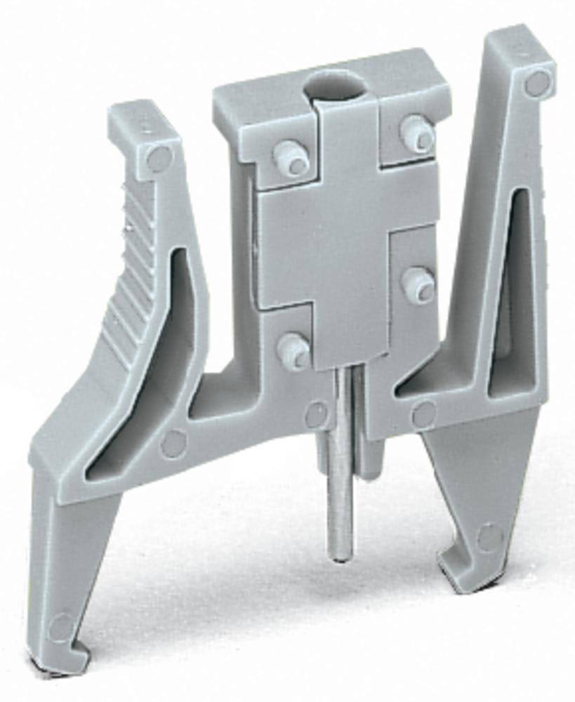 Grauer Kunststoffstandfuß mit symmetrischem Design und Metallstab in der Mitte, wahrscheinlich zum Stabilisieren von Geräten oder Modulen.