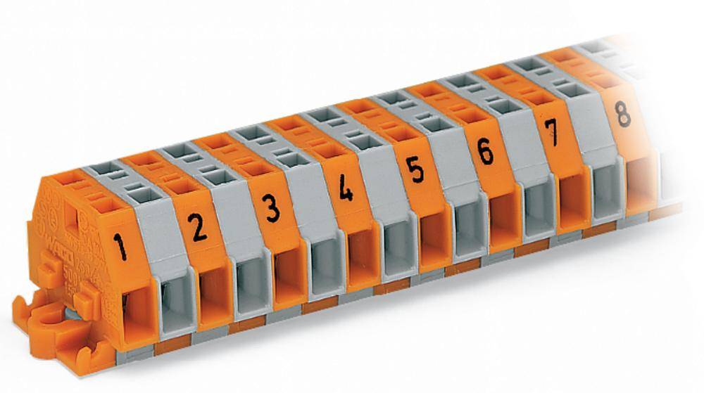 Reihenklemme mit acht nummerierten Anschlüssen, orange und grau, für die Montage auf Hutschienen in elektrischen Schaltschränken.