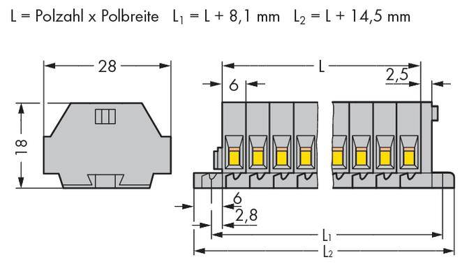 Technische Zeichnung eines Steckverbinders. Maße und Abstände zwischen Pinreihen sind angegeben. Formeln zur Berechnung der Länge: L = L + 8,1 mm und L = L + 14,5 mm.