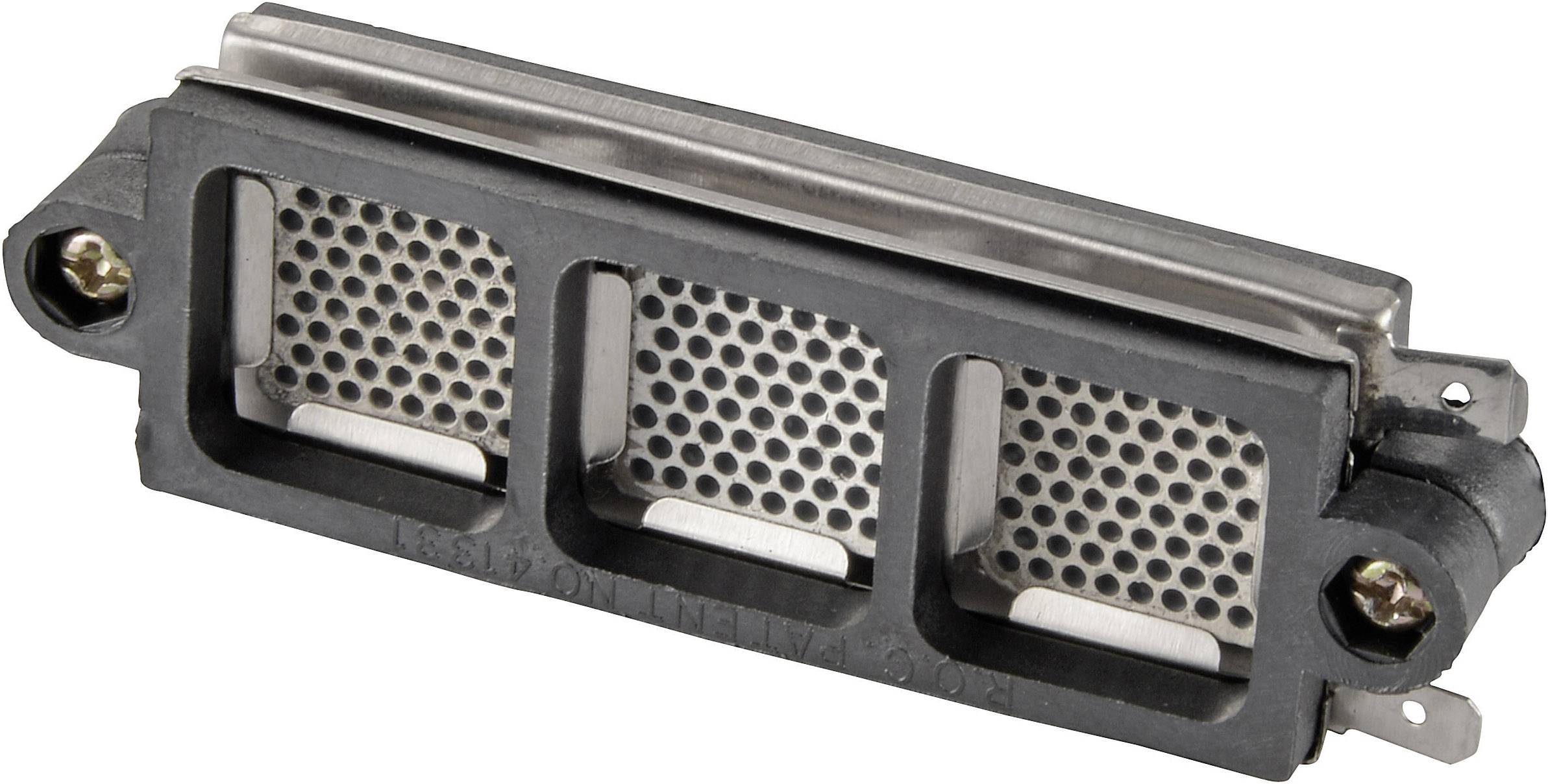 Rechteckiger elektrischer Stecker mit drei Öffnungen und Metallschirmung; dient zum Verbinden elektronischer Geräte.