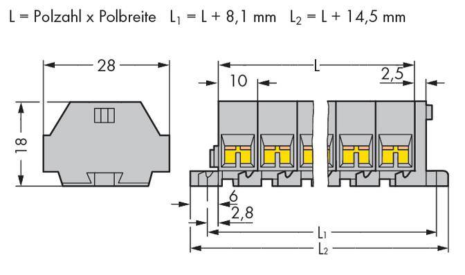Technische Zeichnung eines Steckverbinders mit Maßen: Höhe 18 mm, Breite 28 mm. Beschriftungen: L = Polzahl x Polbreite, L1 = L + 8,1 mm, L2 = L + 14,5 mm.