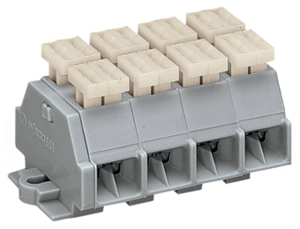 Grauer elektrischer Steckverbinder mit sechs beige-farbenen Anschlüssen, geeignet für Kabelverbindungen in elektrischen Installationen.