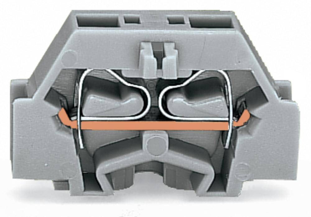 Klemmenblock aus grauem Kunststoff, mit zwei Metallanschlüssen und einer orangenen Leitung in der Mitte, für elektrische Verbindungen.