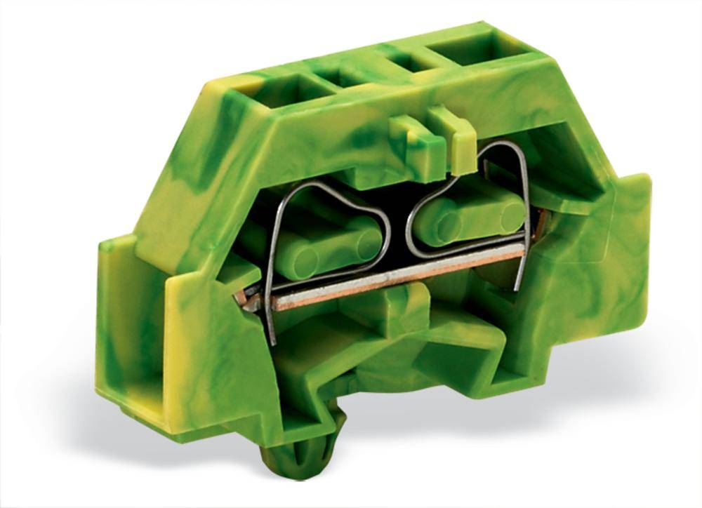 Grüner elektrischer Steckverbinder, Querschnitt zeigt Innenmechanismus mit zwei Metalldrähten und Schraubanschlüssen.