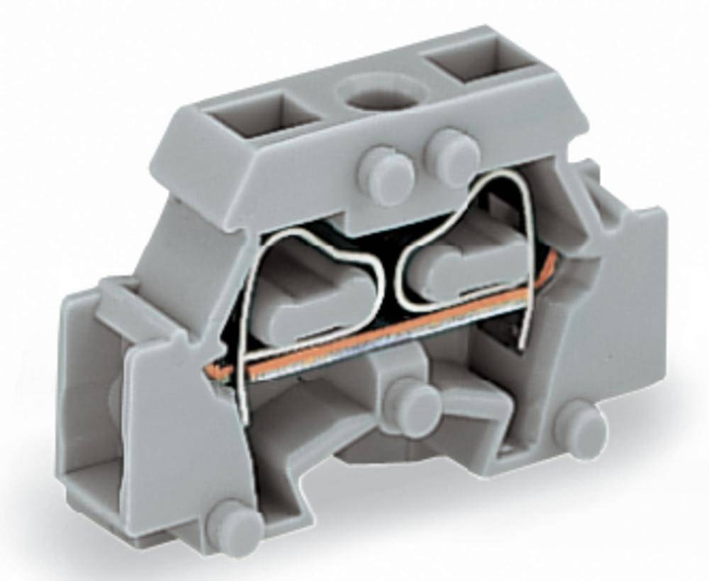 Graue Anschlussklemme mit zwei Metallverbindungen zum Verbinden von elektrischen Leitungen. Geeignet für industrielle Anwendungen.