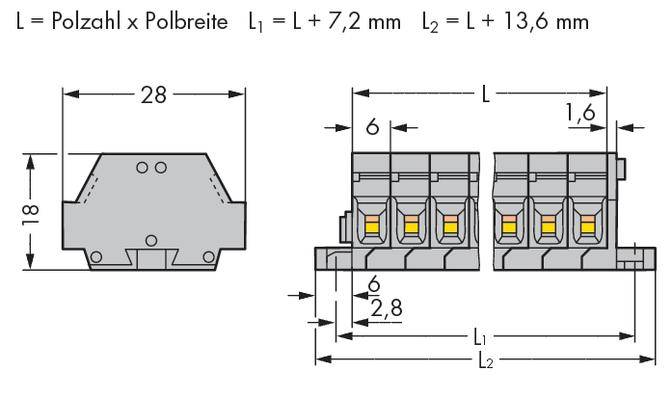 Technische Zeichnung eines Steckverbinders mit Maßen. Die Höhe beträgt 18 mm, die Breite 28 mm. Details zu Längen L, L1, L2 werden angegeben.