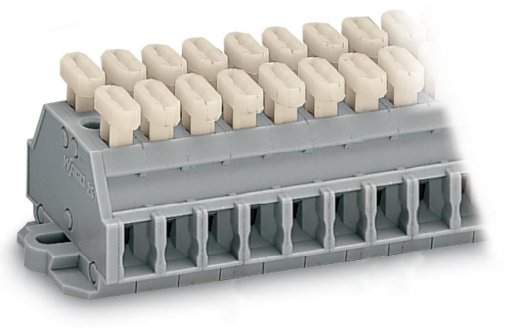 Industrieklemme mit zwei Reihen von beige Steckverbindern auf grauer Basis, verwendet für elektrische Verdrahtung im Maschinenbau.