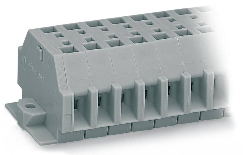 Grauer Kunststoffblock mit vielen rechteckigen Öffnungen, wahrscheinlich ein Stecker oder Adapterteil für technische Anwendungen.