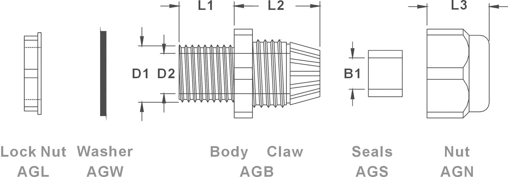 Diagramm von Schraubverbindungen: Lock Nut AGL, Washer AGW, Body AGB mit Maßen D1, D2, L1, L2, Claw, Seals AGS, Nut AGN und Maß B1, L3.