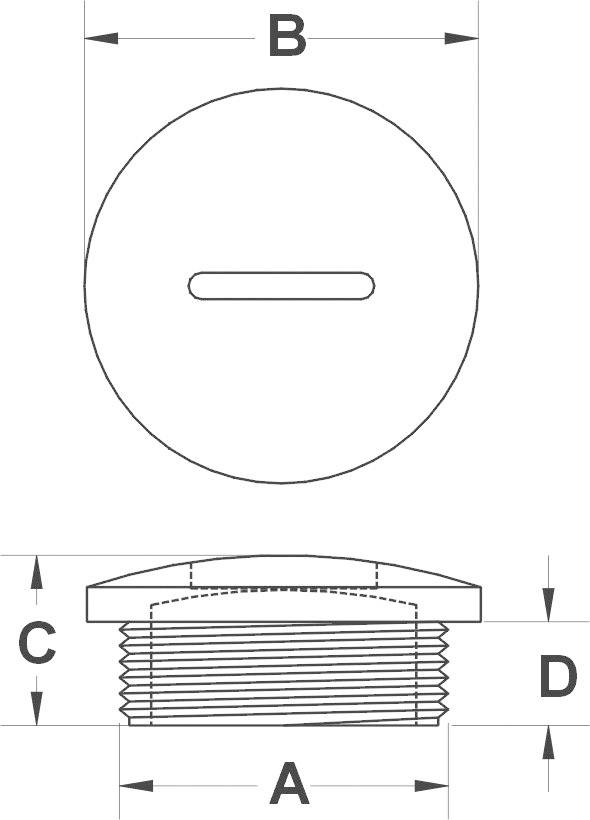 Technische Zeichnung eines Rundkopfschrauben-Steckers mit Gewinde. Breite oben (B) und unten (A), Höhe (C) und Gewindetiefe (D) sind angegeben.
