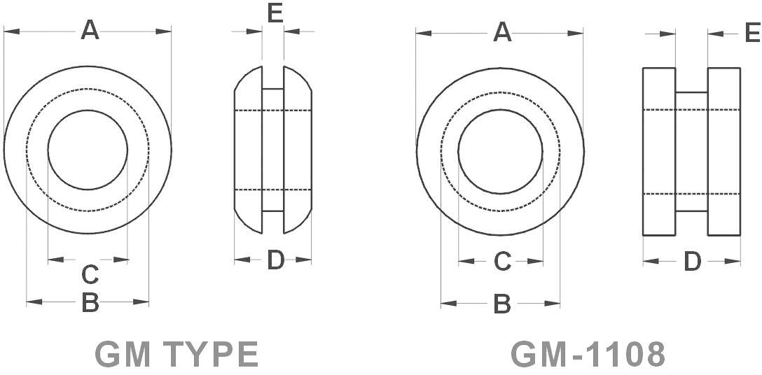 Technische Zeichnung von zwei verschiedenen Lagerbuchsen, GM TYPE und GM-1108, mit markierten Maßen A, B, C, D, E.