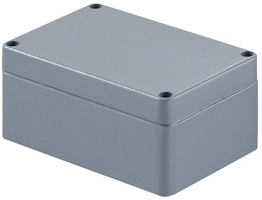 Graues, rechteckiges Gehäuse aus Metall mit abgerundeten Ecken. Geeignet zur Aufnahme und Schutz von Elektronikkomponenten.