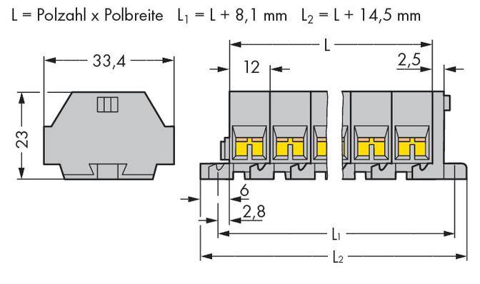 Draufsicht auf ein elektrisches Verbinderdiagramm mit Maßen: 33,4 mm Breite, 23 mm Höhe. Detailansichten verschiedener Anschlussmaße.